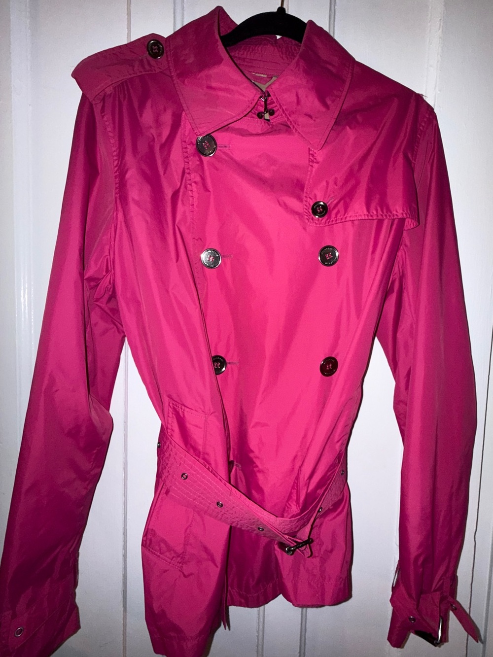 Burberry London Pink Rain Coat – Double Breasted, Belted – US 14
